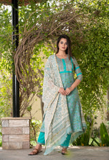 Premium Jade Chanderi Silk Handblock Suit with contrast Off-white Dupatta