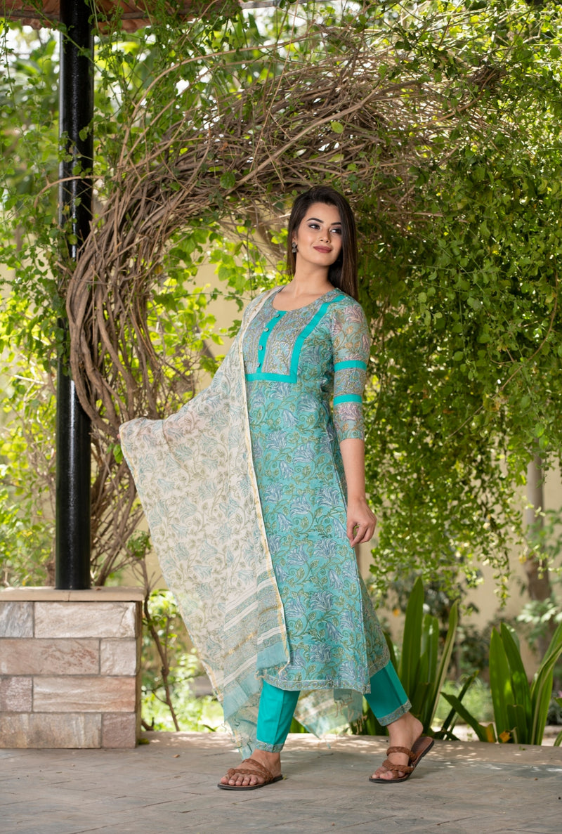 Premium Jade Chanderi Silk Handblock Suit with contrast Off-white Dupatta