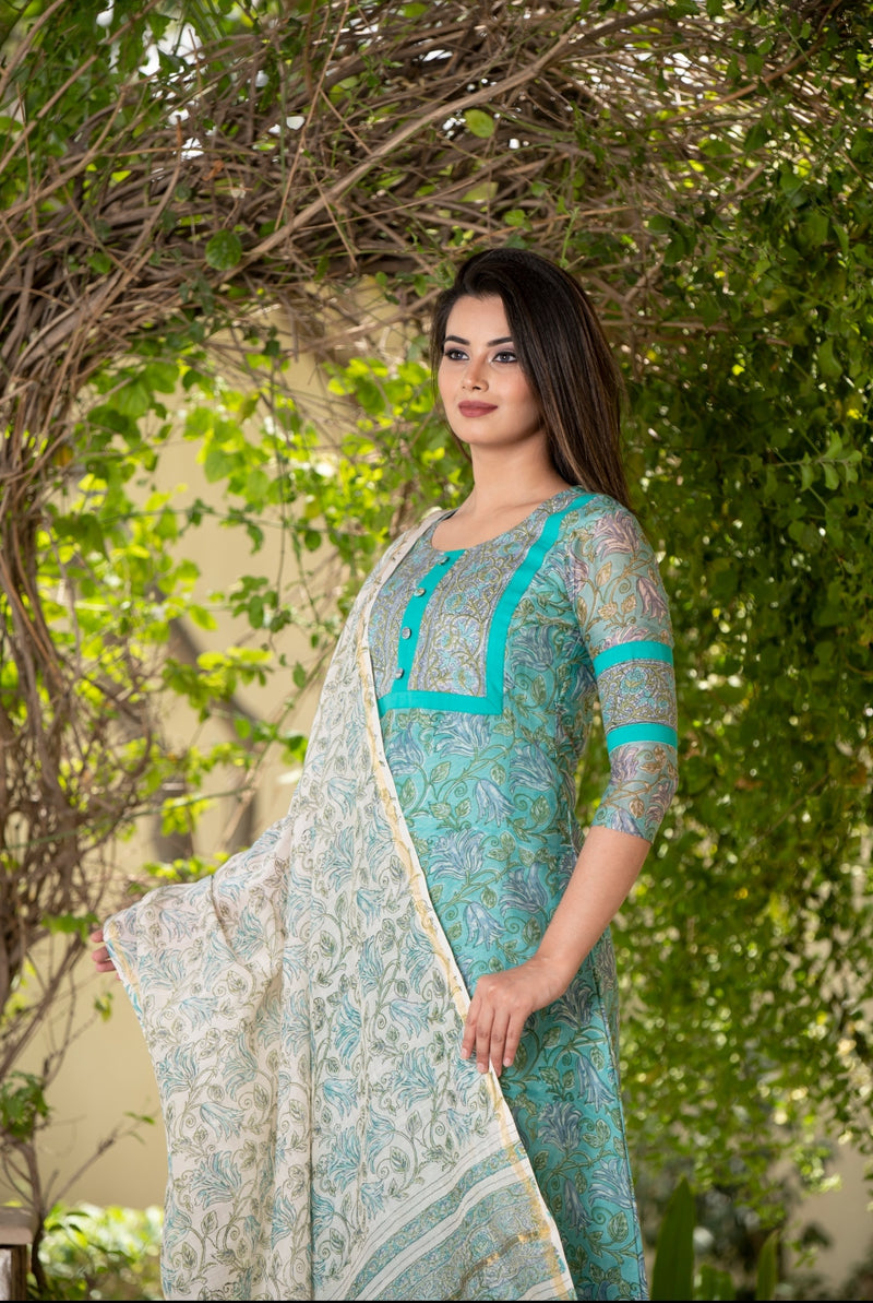 Premium Jade Chanderi Silk Handblock Suit with contrast Off-white Dupatta