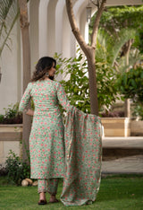 Green Monochrome Handblock cotton set with Border Detail & Chanderi Silk Dupatta