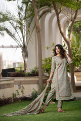 Green Monochrome Handblock cotton set with Border Detail & Chanderi Silk Dupatta