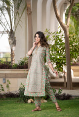 Green Monochrome Handblock cotton set with Border Detail & Chanderi Silk Dupatta