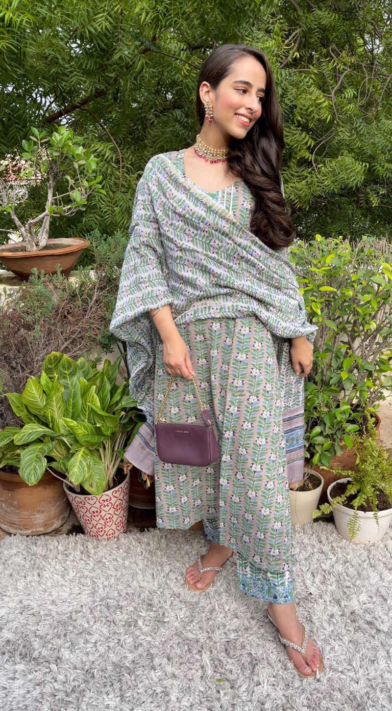 Grey Floral And Gota Handblock Cotton Suit Set With Chanderi Silk Dupatta