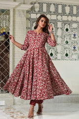 Mesmerizing Maroon Anarkali Gher Handblock print Kurta with Pant Only