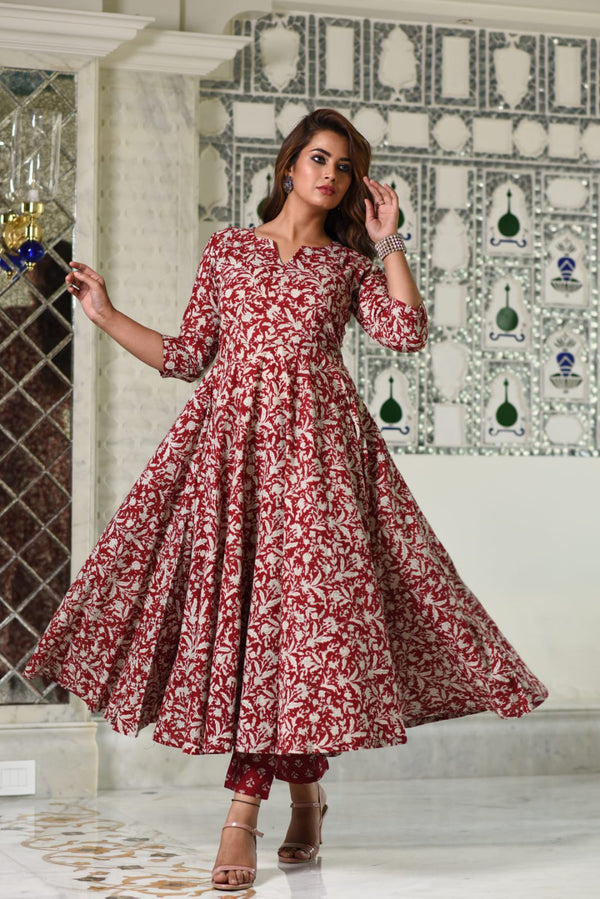 Mesmerizing Maroon Anarkali Gher Handblock print Kurta with Pant Only
