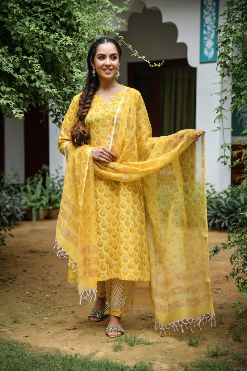 Aureolin Wonder Handblock Kotadori Dupatta Suit Set