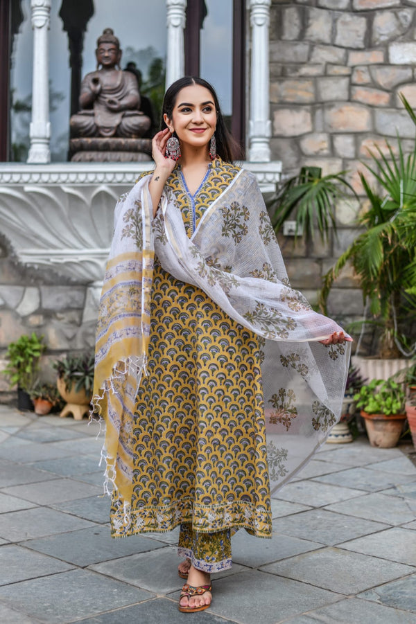 Mustard Clay Handblock Suit Set