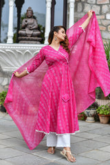 Fuscia Pink Bandhani Gher Suit Set