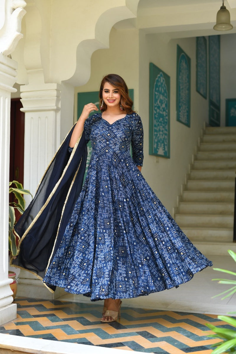 Find the Perfect Royal Blue Long Bandhani Dress - Shop Now | Jaipuri Adaah Find the Perfect Royal Blue Long Bandhani Dress - Shop Now | Jaipuri Adaah