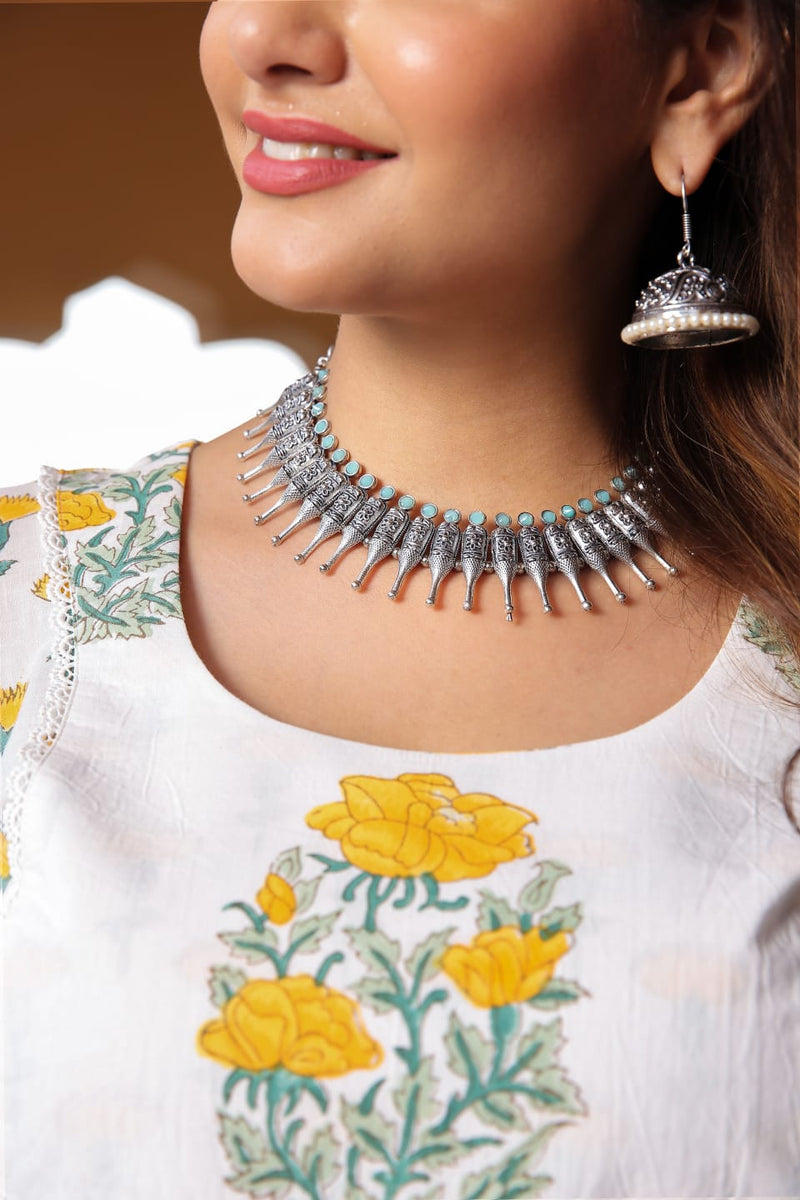 Jaipuri Adaah Yukta Silver Oxidised Jhumki