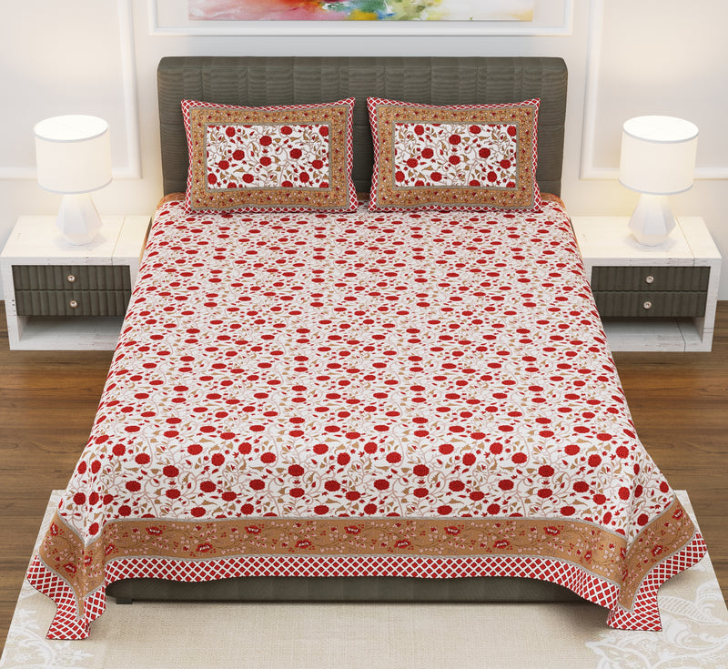 Rajasthani Red Floral Motifs Queen Size Cotton Bedsheet with Pillow Covers