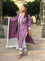 Plum White Lace Emroidered Silk Suit Set